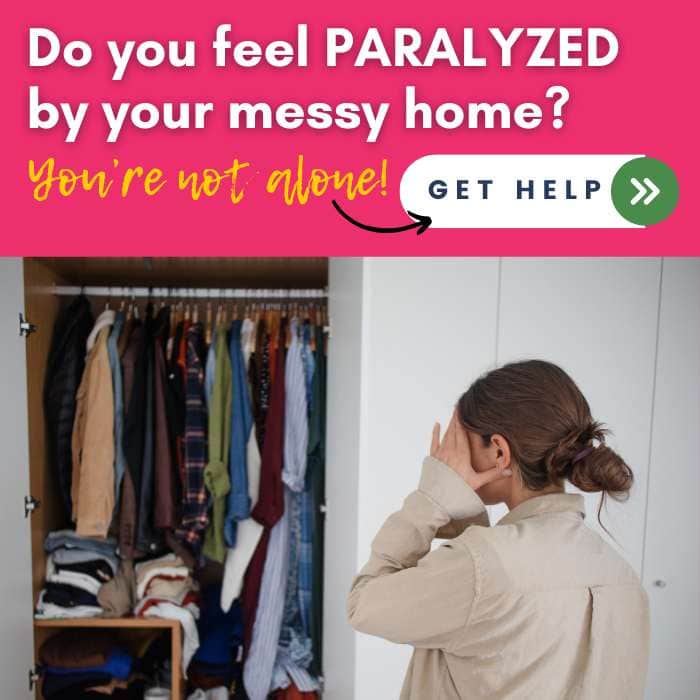 woman looking at closet having no idea what to do // do you feel paralyzed by your messy home -- you're not alone -- get help!