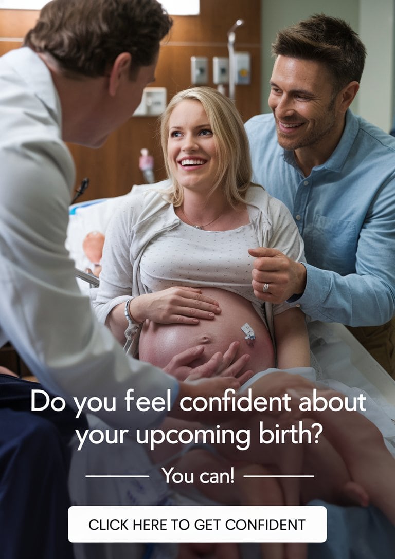 A cinematic shot of a happy pregnant couple in a hospital room. The woman gives birth with the help of a doctor. The man holds her hand and looks at her with love and support. There is a text overlay that says 