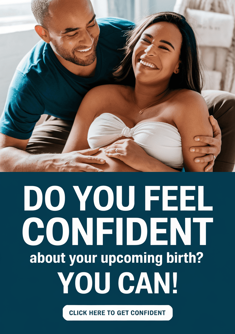 A photo of a happy pregnant couple. The woman is giving birth. There is a large, bold text that says "Do you feel CONFIDENT about your upcoming birth?" below the image. There is a smaller text that says "You can!" next to it. There is a "Click here to get confident" button below the text.