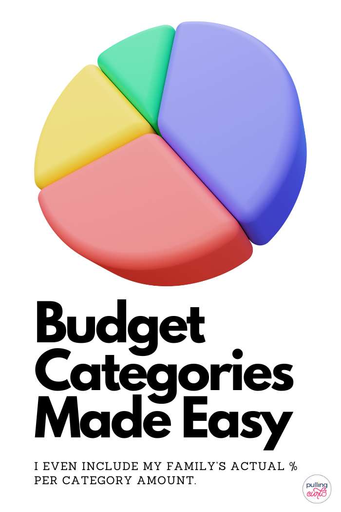 Not sure how much to spend on groceries, savings or entertainment? Use these budget categories and amounts to create a money-saving plan that works for your family. Save this pin and organize your personal finances today! via @pullingcurls