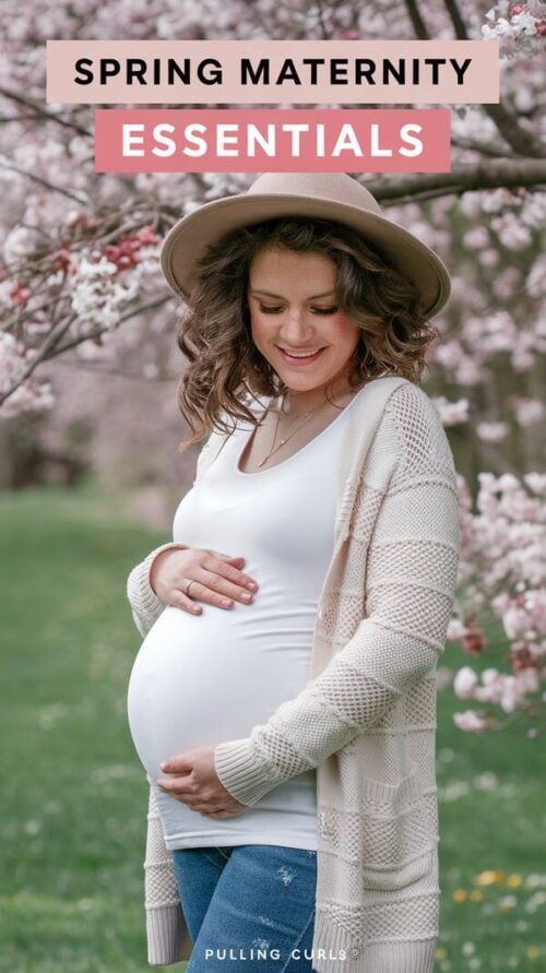 pregnant woman in spring in a cardigan