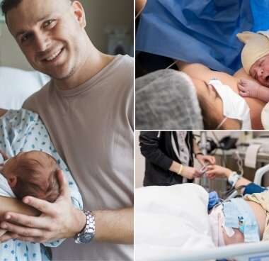 images of a couple after birth, a cesarean and in labor