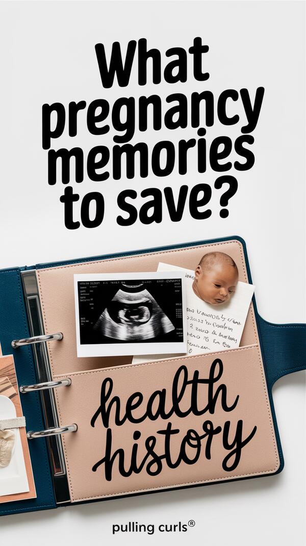 A Pinterest pin with an image of a baby scrapbook with a pocket labeled "health history". Inside the scrapbook, there's an ultrasound photo, a baby photo, and a handwritten note. The background is white. The text "What pregnancy memories to save?" is written in bold, creative lettering with good contrast. The site name "Pulling Curls®" is written below the text. via @pullingcurls