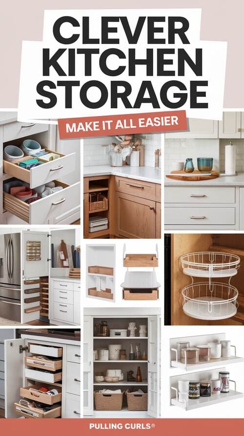 A pinterest pin with the title "clever kitchen storage" and subtitle "make it all easier". The collage contains clever kitchen storage solutions like drawer dividers, stackable organizer shelves, cabinets with a lazy susan inside, under shelf baskets, and mini storage shelves. The bold and creative lettering is easy to read, and the site name "Pulling Curls®" is displayed at the bottom.