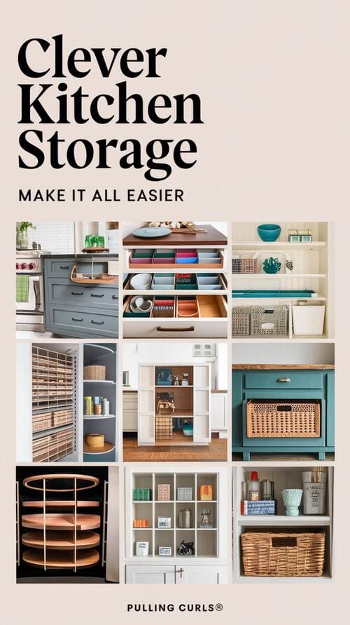 A pinterest pin with the title: "clever kitchen storage" and subtitle: "make it all easier". The pin contains a collage of clever kitchen storage solutions like drawer dividers, stackable organizer shelves, cabinets with a lazy susan inside, under shelf baskets, and mini storage shelves. The background is a light beige colour. The text is in bold, white letters with good contrast. The site name "Pulling Curls®" is written in the bottom right corner.