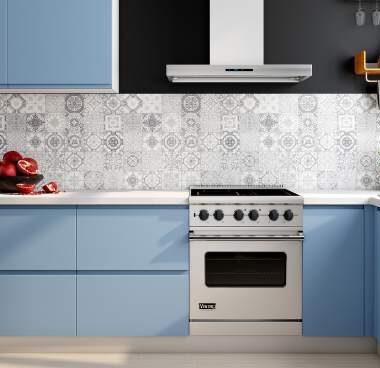 kitchen with blue cabinets